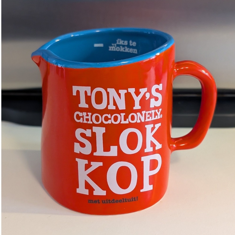 Tony's Chocolonely Slokkop Mug Red Blue Ceramic Dutch Text Excellent‎ Amsterdam